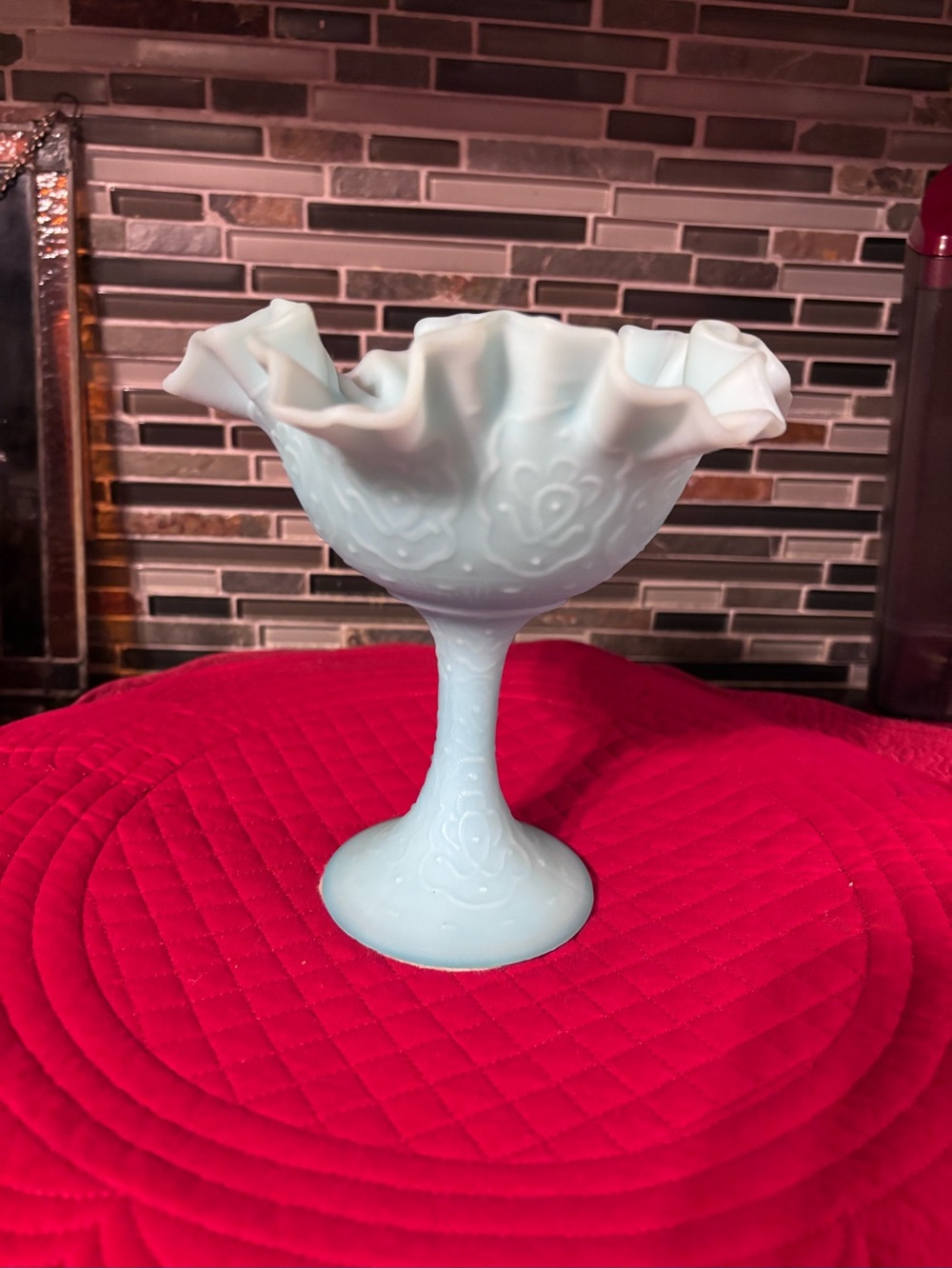Vintage Fenton Baby Blue Ruffled Pedestal Candy Dish Bowl